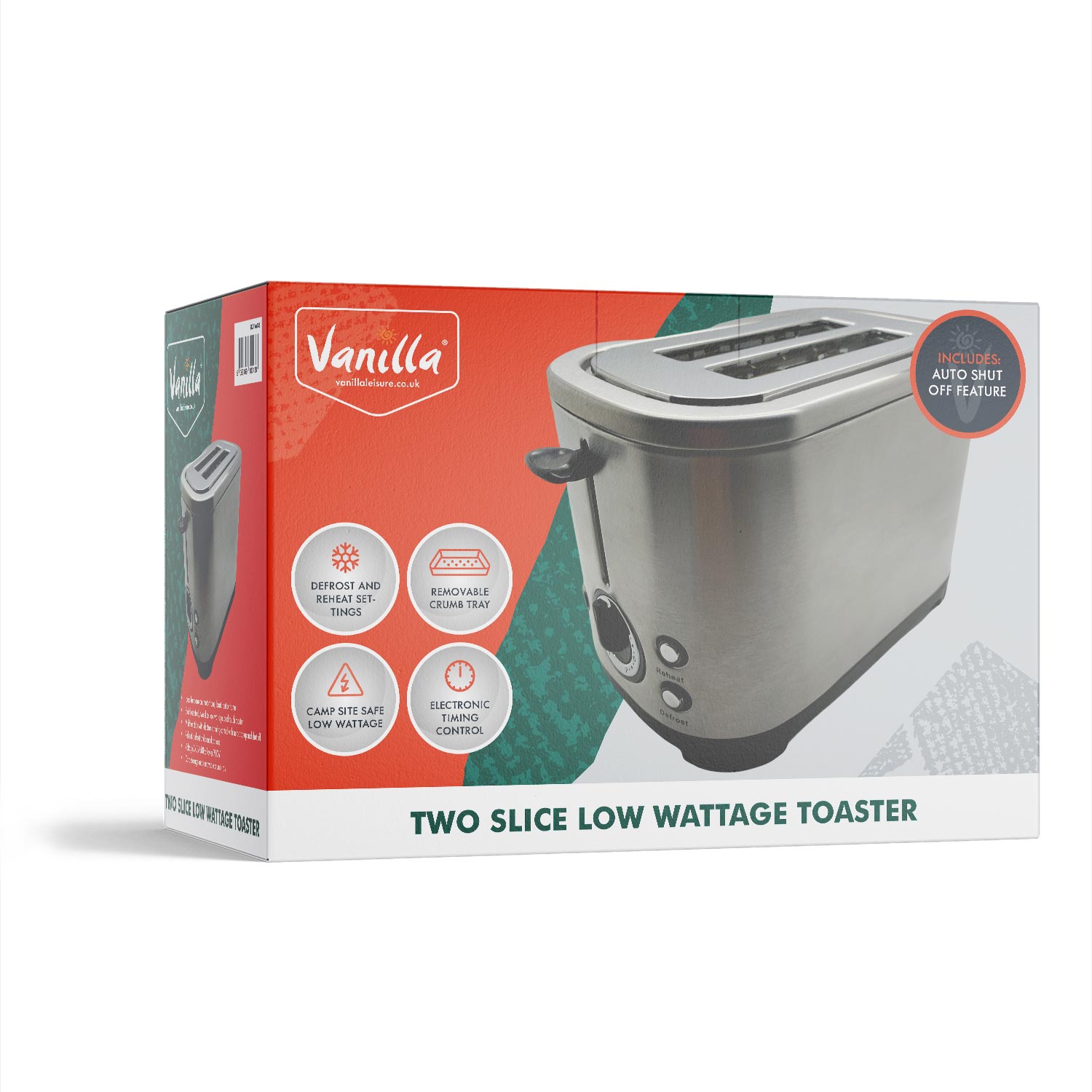 Vanilla Leisure box design for a camping toaster. Colours are dark green, red and white.
